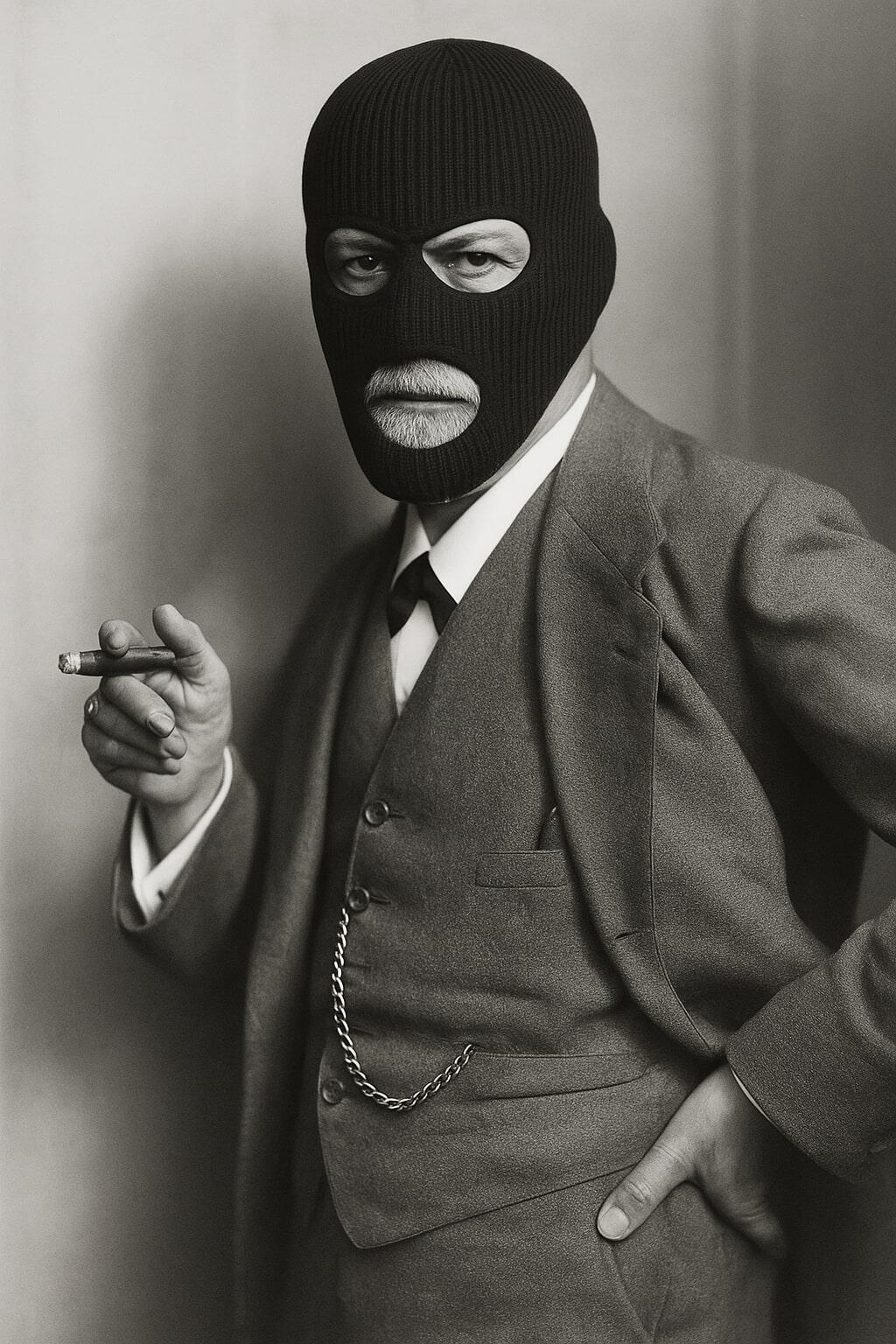 Sigmund Freud mit Sturmhaube – Symbolisches Porträt zur Urhorde-Theorie Porträt von Sigmund Freud mit Sturmhaube