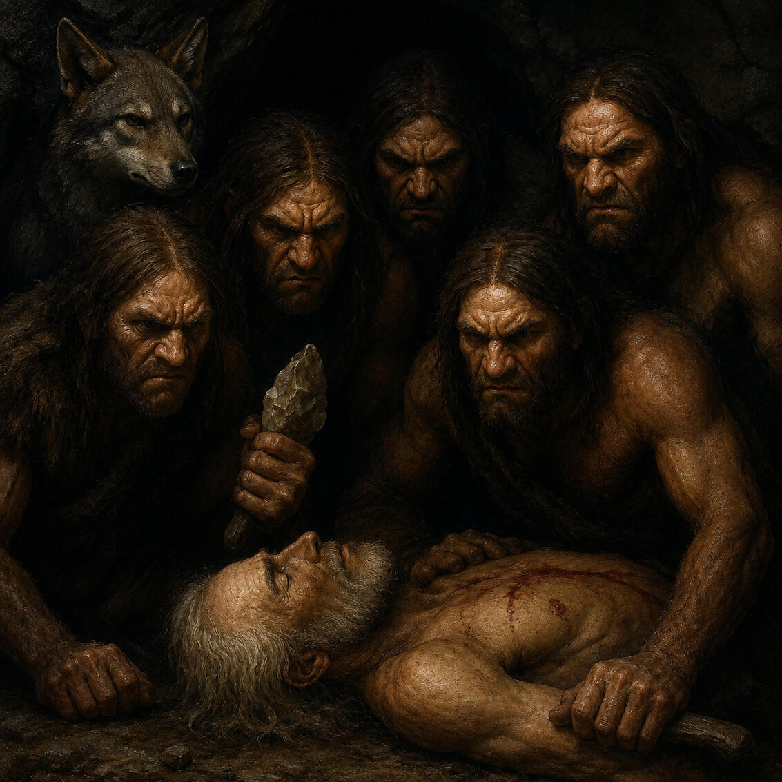 Vatermord: Spiritueller Ausgang der Kultur Söhne der Urhorde um den toten Vater versammelt, Wolf im Hintergrund