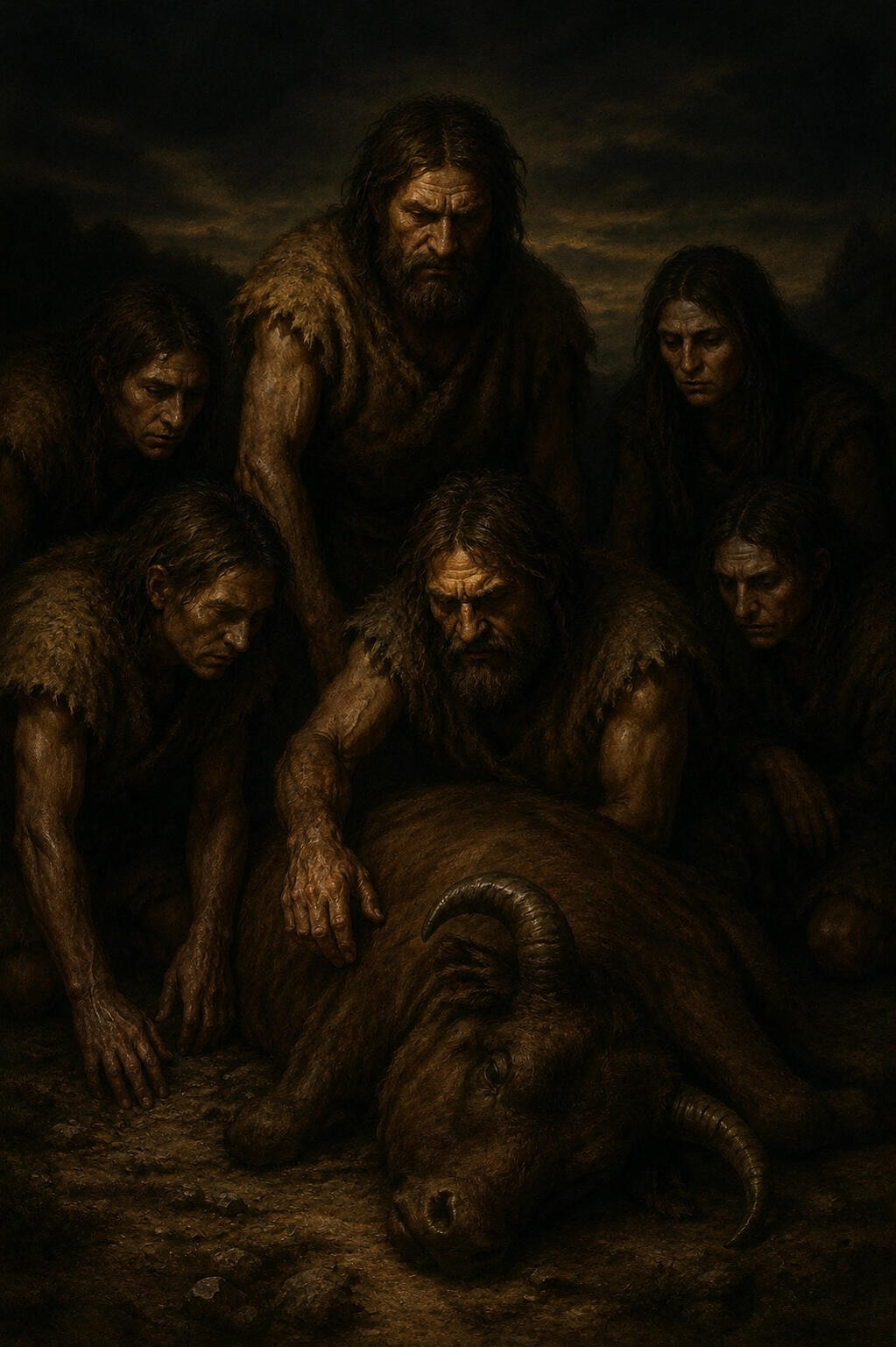 Urhorde: Symbolisches Totem-Mahl beim Verzehr eines Tieres Urhorde um ein totes Tier versammelt
