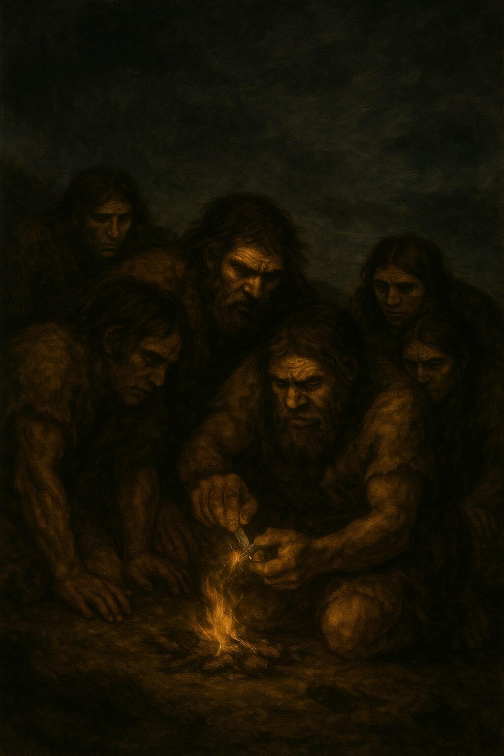 Urhorde: Ursprung von Kultur und Gesetzten Urhorde sitzt zusammen versammelt und macht Feuer